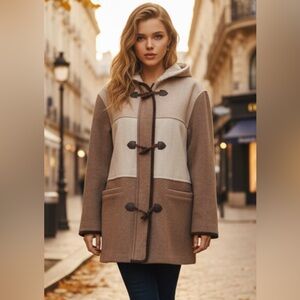 Gallery Women's Brown and Cream Hooded Trench Coat 80% Wool